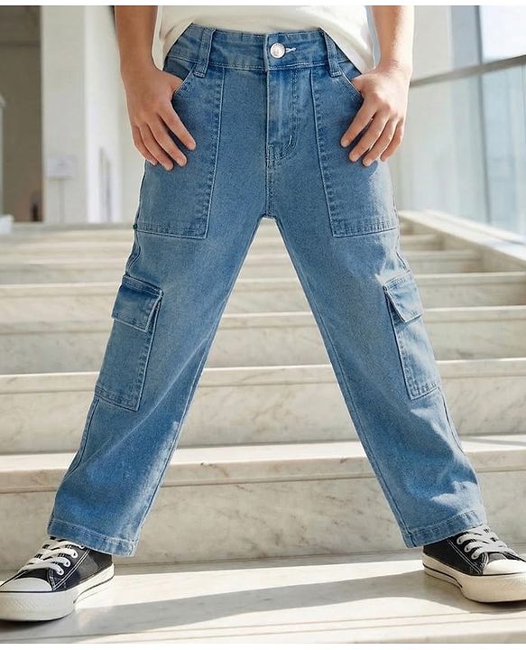 Pine Kids Denim Woven Full Length Solid Jeans With Cargo Pockets - Blue
