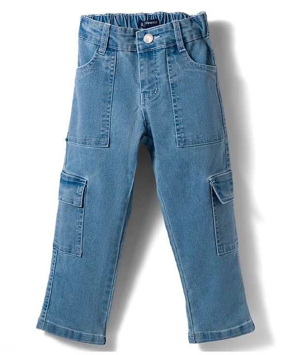 Pine Kids Denim Woven Full Length Solid Jeans With Cargo Pockets - Blue