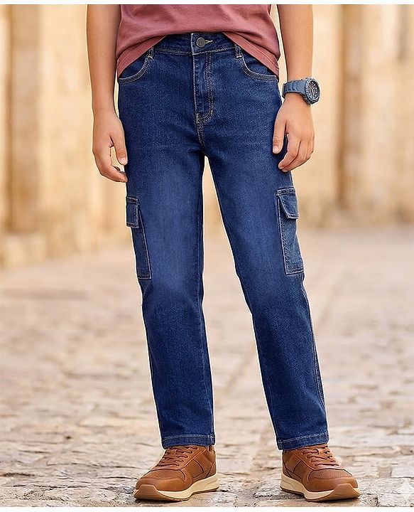 Pine Kids Denim Woven Full Length Washed Jeans With Cargo Pockets - Blue