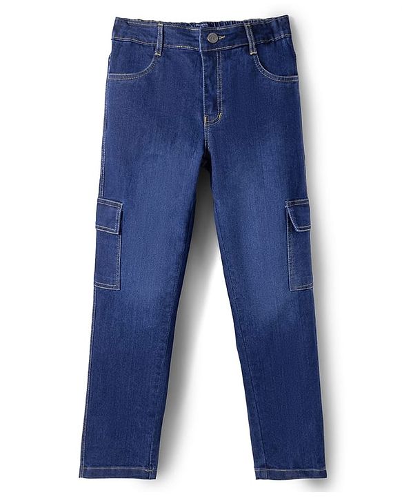 Pine Kids Denim Woven Full Length Washed Jeans With Cargo Pockets - Blue