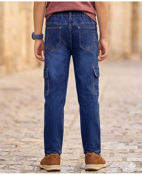 Pine Kids Denim Woven Full Length Washed Jeans With Cargo Pockets - Blue
