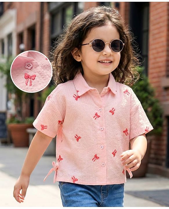 Babyhug 100% Cotton Seer Sucker Woven Half Sleeves Bow Embroidered Top with Knot - Light Pink