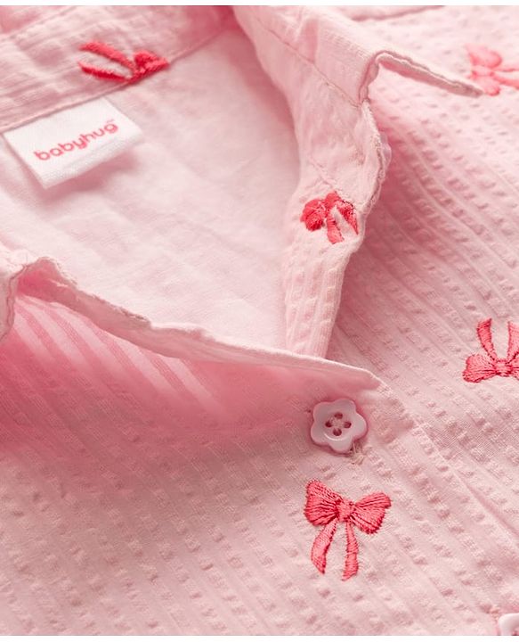 Babyhug 100% Cotton Seer Sucker Woven Half Sleeves Bow Embroidered Top with Knot - Light Pink