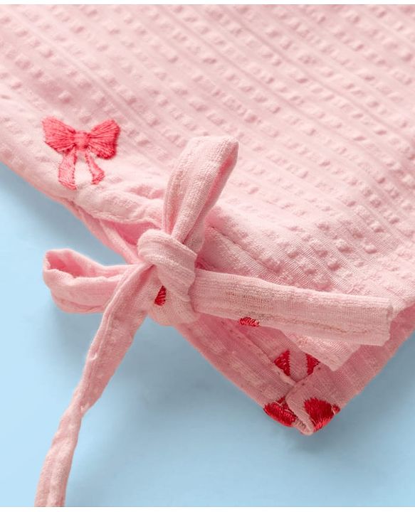 Babyhug 100% Cotton Seer Sucker Woven Half Sleeves Bow Embroidered Top with Knot - Light Pink