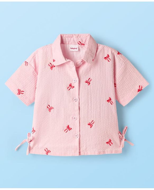 Babyhug 100% Cotton Seer Sucker Woven Half Sleeves Bow Embroidered Top with Knot - Light Pink