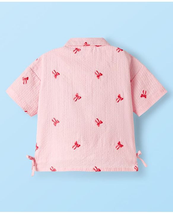 Babyhug 100% Cotton Seer Sucker Woven Half Sleeves Bow Embroidered Top with Knot - Light Pink