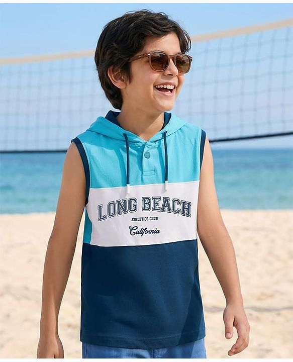 Pine Kids Cotton Knit Sleeveless Cut & Sew Hooded T-Shirt with Long Beach Print - Multicolor