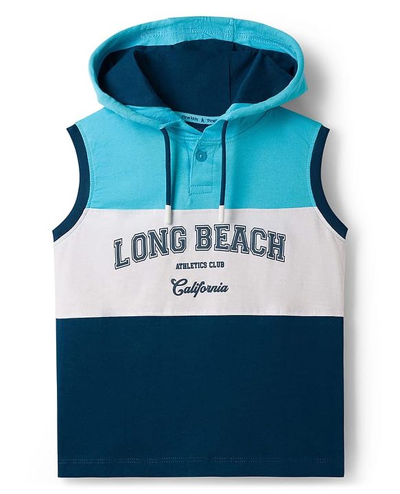 Pine Kids Cotton Knit Sleeveless Cut & Sew Hooded T-Shirt with Long Beach Print - Multicolor