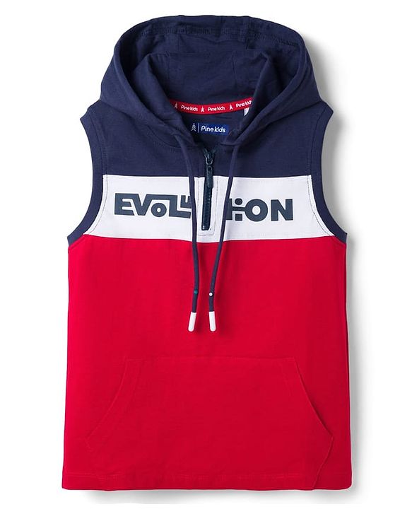 Pine Kids Cotton Knit Sleeveless Cut & Sew Hooded T-Shirt with Text Print - Red, Navy & White