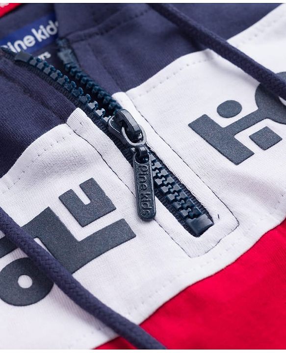 Pine Kids Cotton Knit Sleeveless Cut & Sew Hooded T-Shirt with Text Print - Red, Navy & White