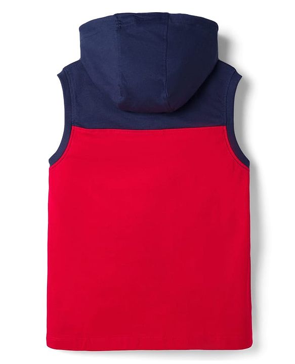 Pine Kids Cotton Knit Sleeveless Cut & Sew Hooded T-Shirt with Text Print - Red, Navy & White