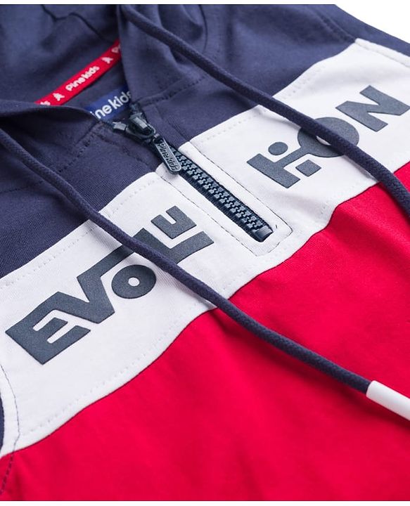 Pine Kids Cotton Knit Sleeveless Cut & Sew Hooded T-Shirt with Text Print - Red, Navy & White