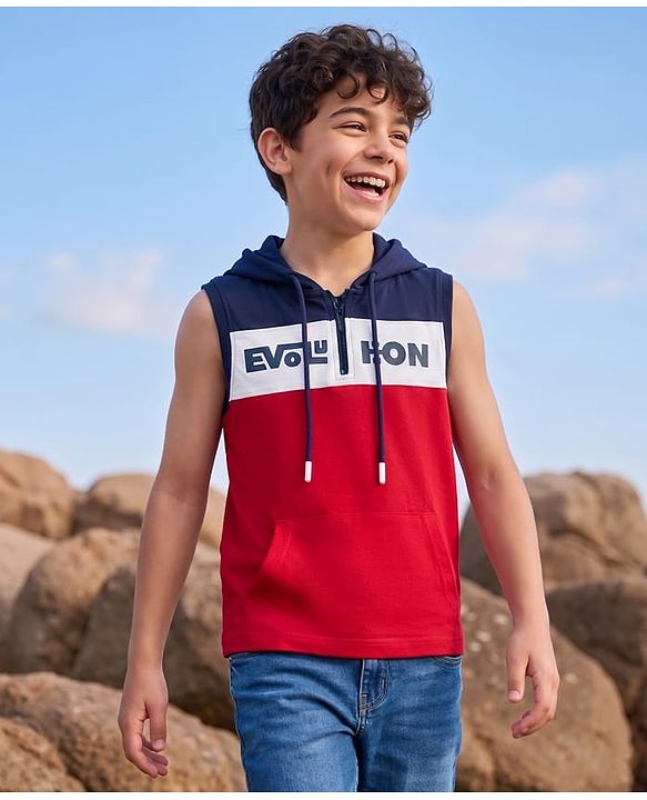 Pine Kids Cotton Knit Sleeveless Cut & Sew Hooded T-Shirt with Text Print - Red, Navy & White