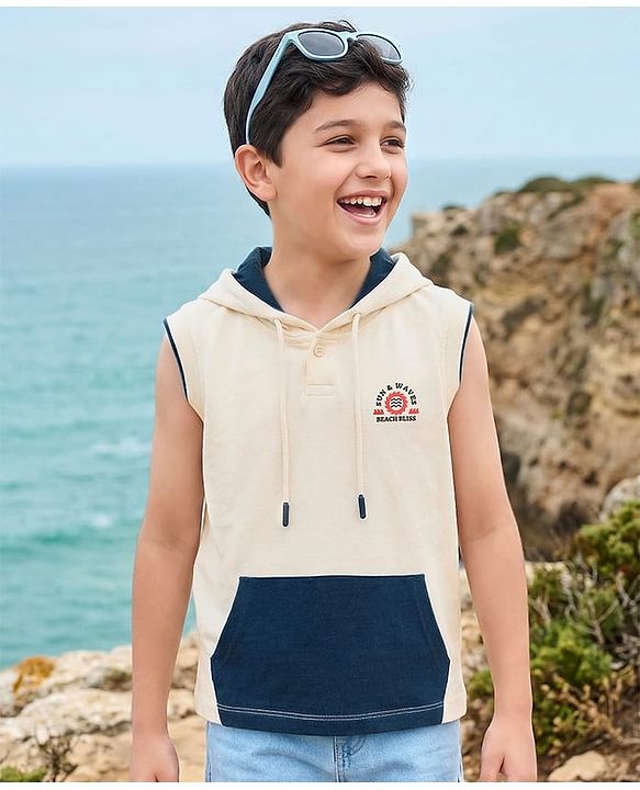 Pine Kids Cotton Knit Sleeveless Hooded T-Shirt Beach Theme Print - Multicolor