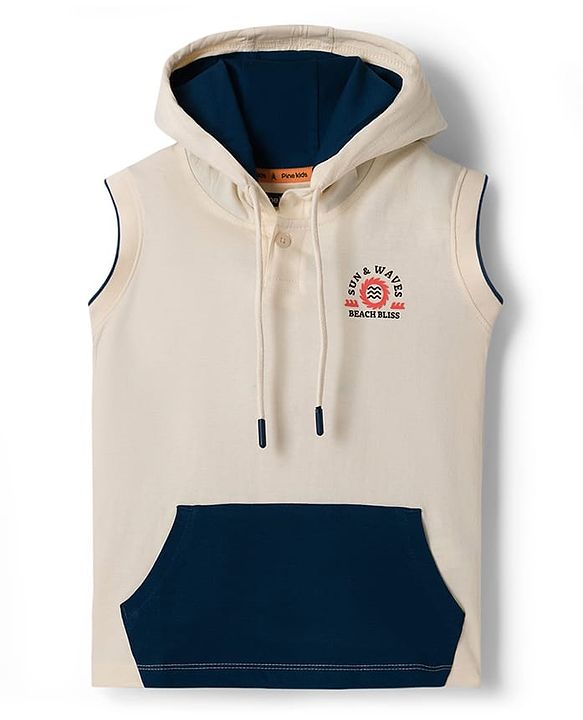 Pine Kids Cotton Knit Sleeveless Hooded T-Shirt Beach Theme Print - Multicolor