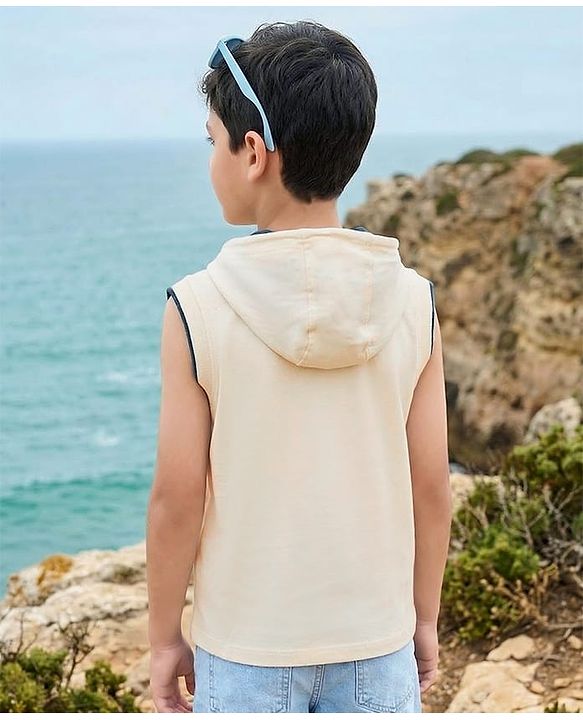 Pine Kids Cotton Knit Sleeveless Hooded T-Shirt Beach Theme Print - Multicolor