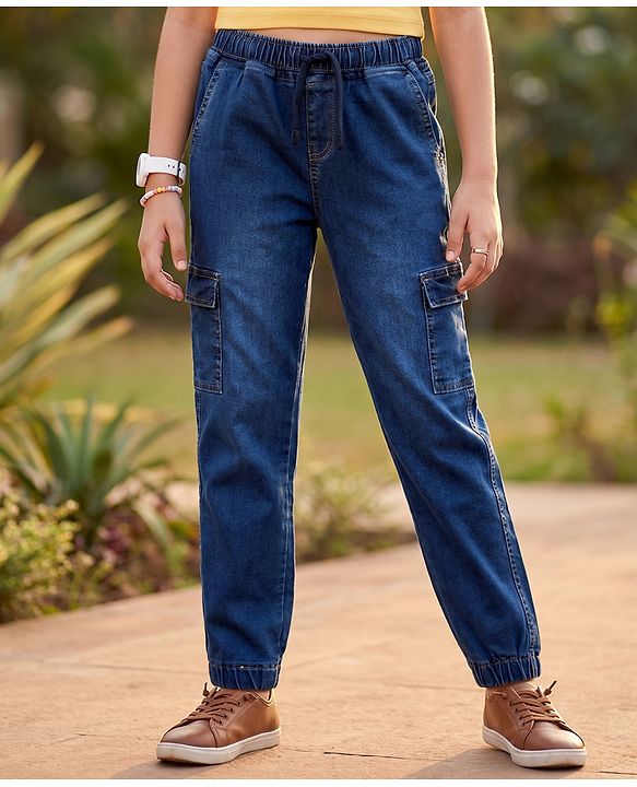 Pine Kids Cotton Elastane Woven Full Length Solid Denim Jeans With Cargo Pockets - Navy Blue