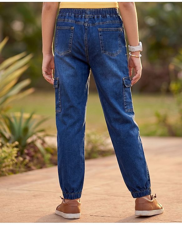 Pine Kids Cotton Elastane Woven Full Length Solid Denim Jeans With Cargo Pockets - Navy Blue