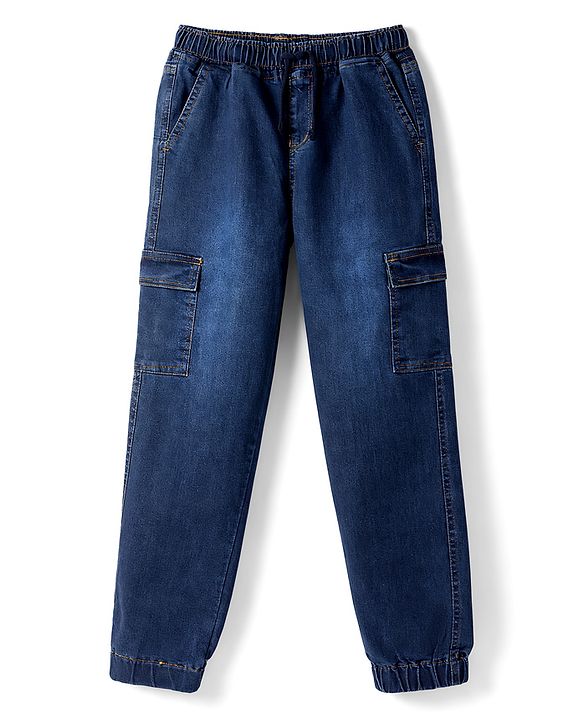 Pine Kids Cotton Elastane Woven Full Length Solid Denim Jeans With Cargo Pockets - Navy Blue