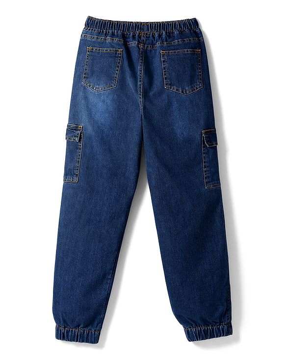 Pine Kids Cotton Elastane Woven Full Length Solid Denim Jeans With Cargo Pockets - Navy Blue
