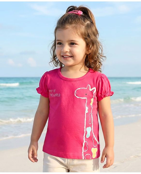 Babyhug 100% Cotton Knit Half Sleeves Giraffe Printed T-Shirt - Dark Pink