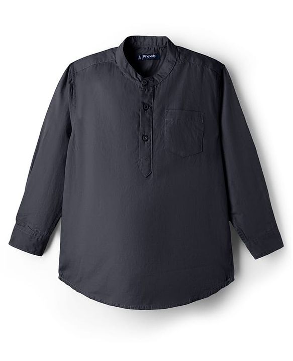 Pine Kids Cotton Woven Full Sleeves Solid Colour Kurta Style Shirt - Black