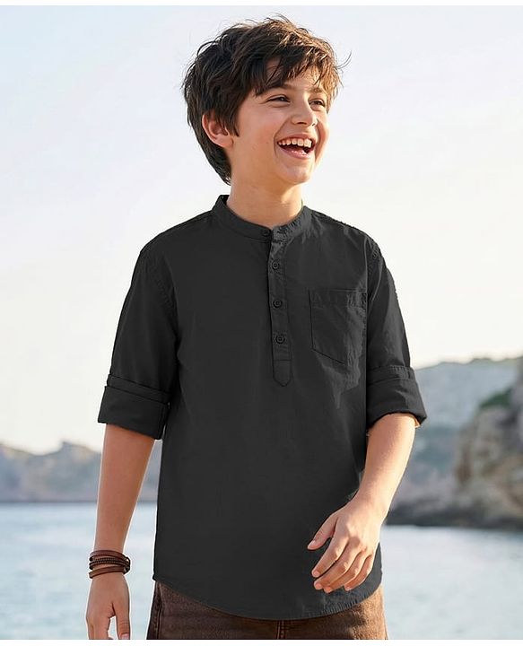 Pine Kids Cotton Woven Full Sleeves Solid Colour Kurta Style Shirt - Black