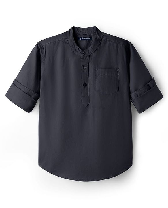 Pine Kids Cotton Woven Full Sleeves Solid Colour Kurta Style Shirt - Black