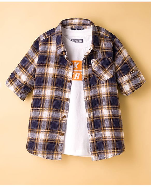 Pine Kids Cotton Woven Full Sleeves Checks Shirt With Printed Inner Tee - Multicolor