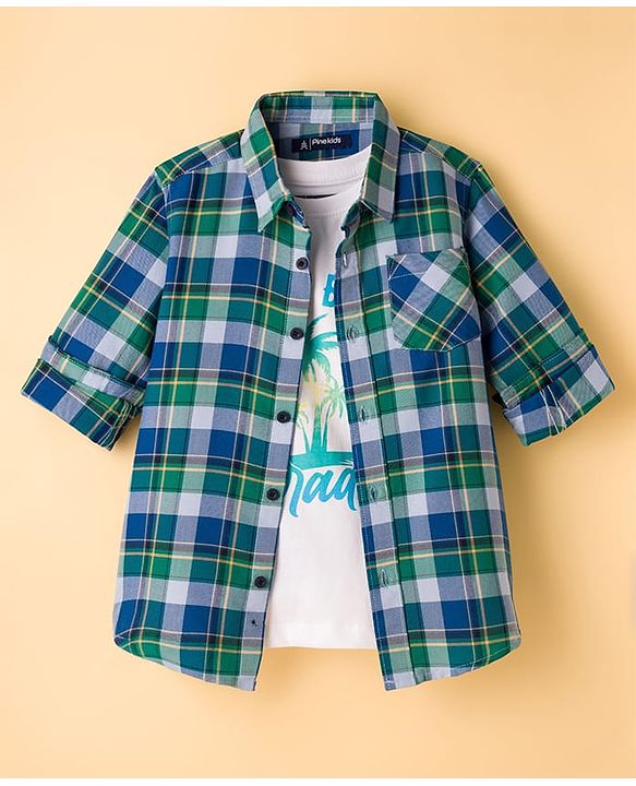 Pine Kids Cotton Woven Full Sleeves Checks Shirt With Printed Inner Tee - Multicolor