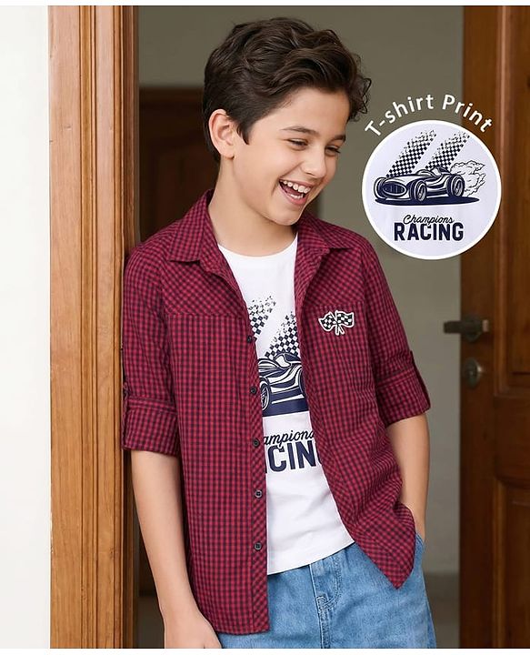 Pine Kids 100% Cotton Woven Full Sleeves Checks Shirt & Tank T-Shirt With Racing Car Print - Red