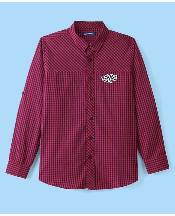 Pine Kids 100% Cotton Woven Full Sleeves Checks Shirt & Tank T-Shirt With Racing Car Print - Red