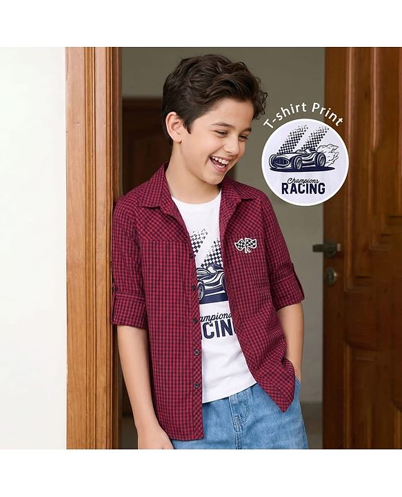 Pine Kids 100% Cotton Woven Full Sleeves Checks Shirt & Tank T-Shirt With Racing Car Print - Red