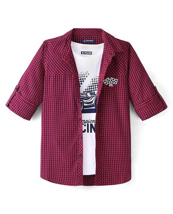 Pine Kids 100% Cotton Woven Full Sleeves Checks Shirt & Tank T-Shirt With Racing Car Print - Red