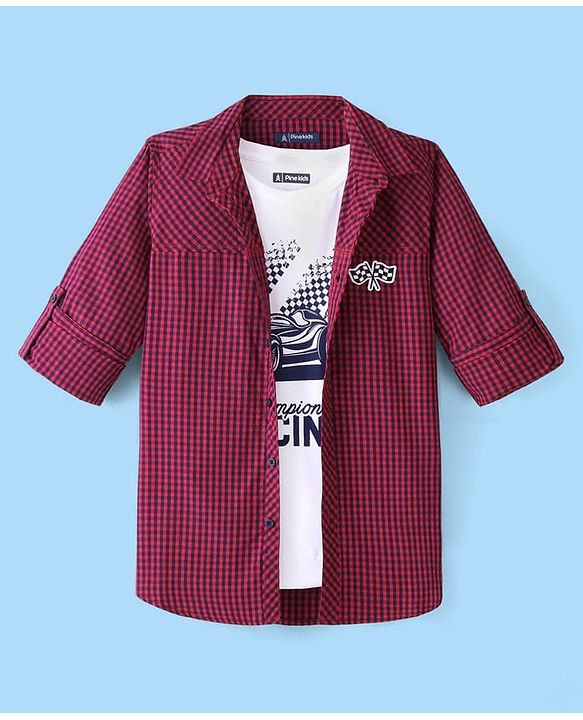 Pine Kids 100% Cotton Woven Full Sleeves Checks Shirt & Tank T-Shirt With Racing Car Print - Red