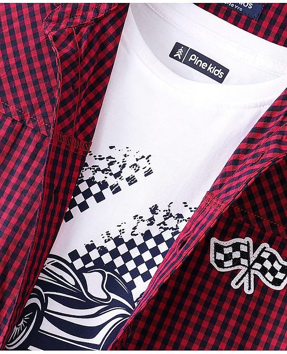 Pine Kids 100% Cotton Woven Full Sleeves Checks Shirt & Tank T-Shirt With Racing Car Print - Red