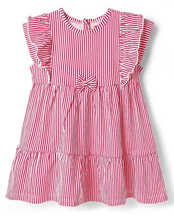 Babyhug Single Jersey Knit Cap Sleeves Striped Frock with Bloomer Frill Detailing & Bow Applique - Light Red