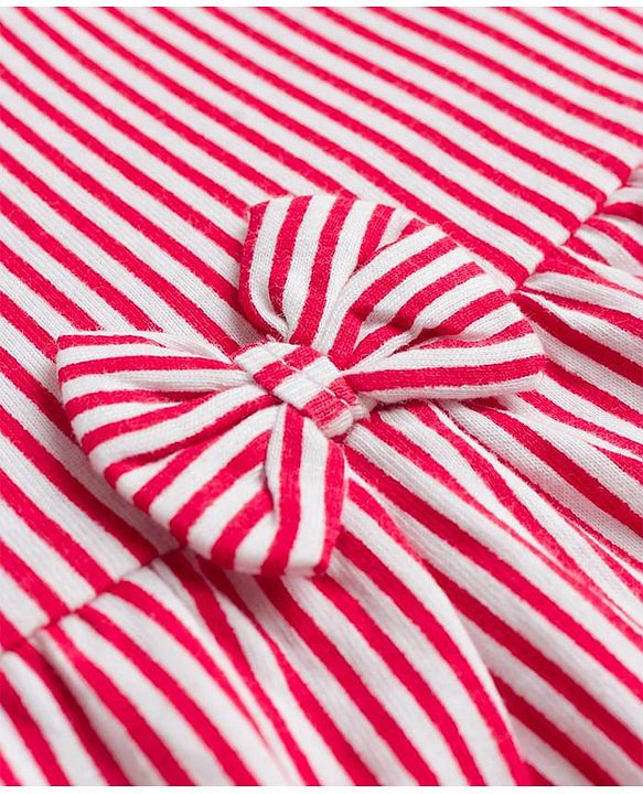 Babyhug Single Jersey Knit Cap Sleeves Striped Frock with Bloomer Frill Detailing & Bow Applique - Light Red