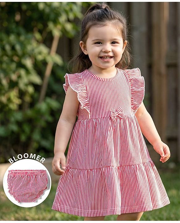 Babyhug Single Jersey Knit Cap Sleeves Striped Frock with Bloomer Frill Detailing & Bow Applique - Light Red