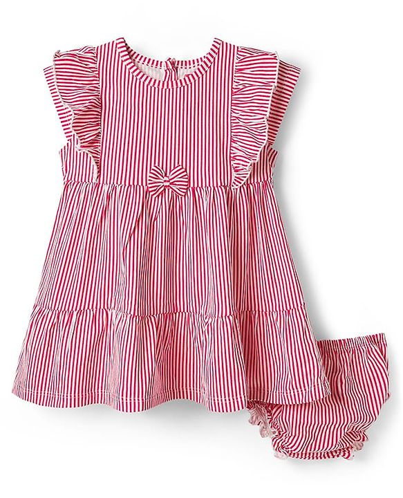 Babyhug Single Jersey Knit Cap Sleeves Striped Frock with Bloomer Frill Detailing & Bow Applique - Light Red