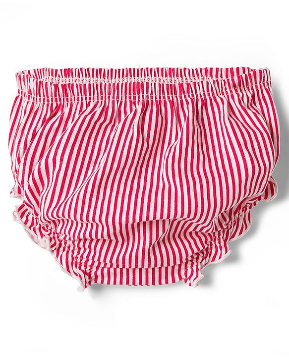 Babyhug Single Jersey Knit Cap Sleeves Striped Frock with Bloomer Frill Detailing & Bow Applique - Light Red