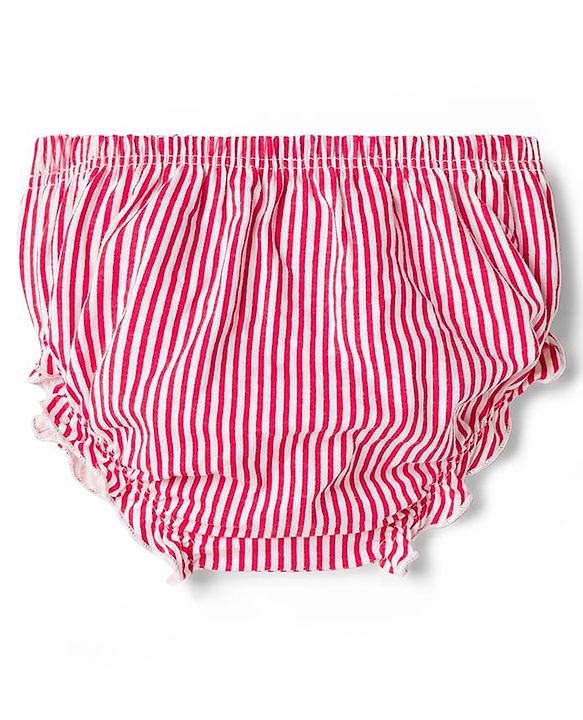 Babyhug Single Jersey Knit Cap Sleeves Striped Frock with Bloomer Frill Detailing & Bow Applique - Light Red