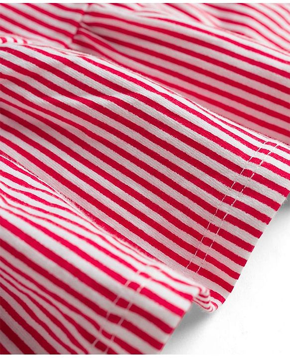 Babyhug Single Jersey Knit Cap Sleeves Striped Frock with Bloomer Frill Detailing & Bow Applique - Light Red