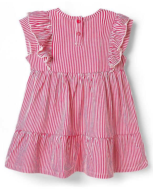 Babyhug Single Jersey Knit Cap Sleeves Striped Frock with Bloomer Frill Detailing & Bow Applique - Light Red