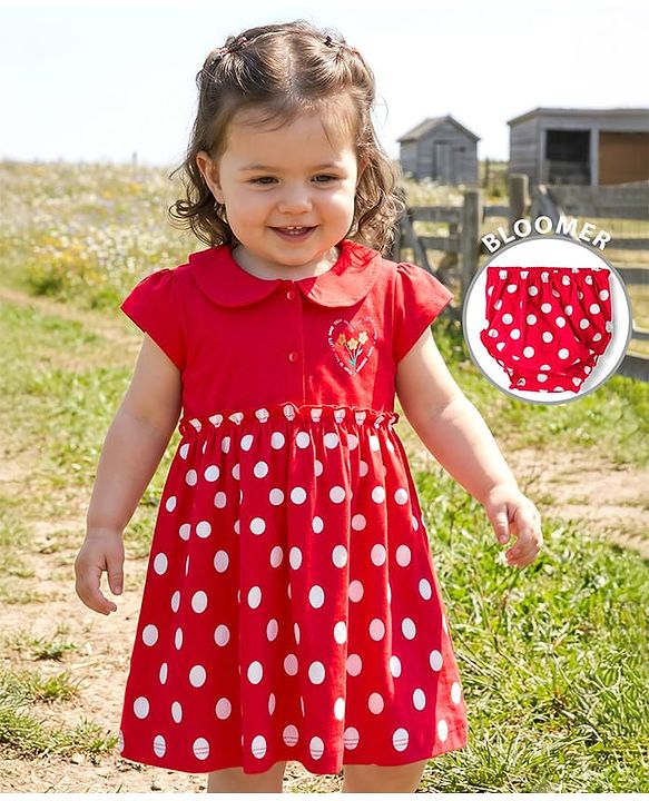 Babyhug Single Jersey Knit Cap Sleeves Polka Dotted Frock with Bloomer - Red