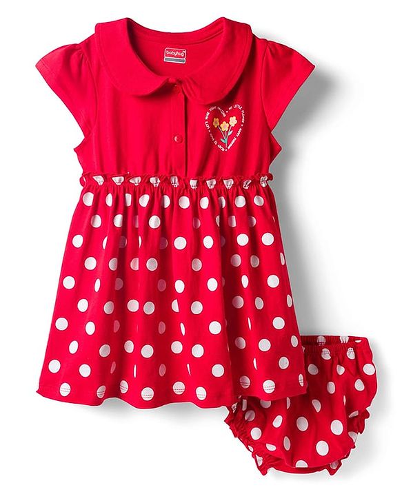 Babyhug Single Jersey Knit Cap Sleeves Polka Dotted Frock with Bloomer - Red