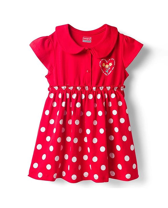 Babyhug Single Jersey Knit Cap Sleeves Polka Dotted Frock with Bloomer - Red