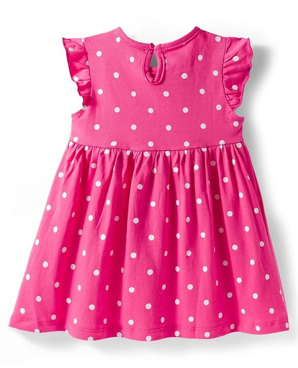 Babyhug 100% Cotton Knit Sleeveless Polka Dots Printed & Floral Applique Frock With Bloomer - Pink