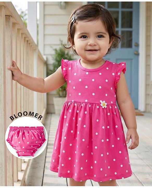 Babyhug 100% Cotton Knit Sleeveless Polka Dots Printed & Floral Applique Frock With Bloomer - Pink