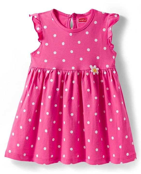 Babyhug 100% Cotton Knit Sleeveless Polka Dots Printed & Floral Applique Frock With Bloomer - Pink
